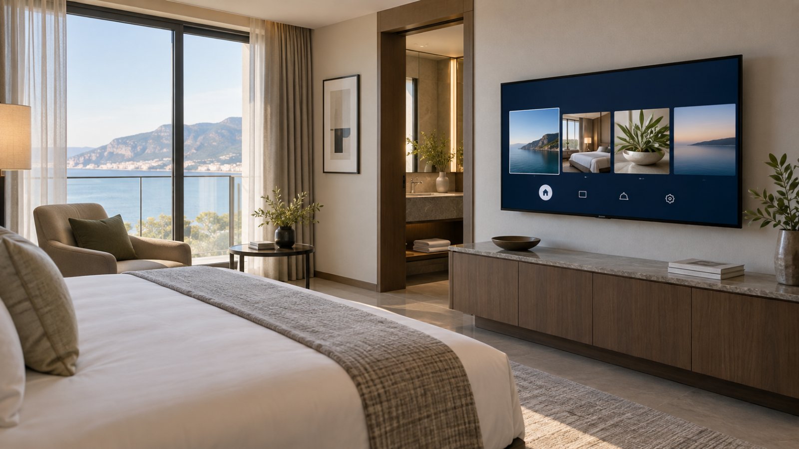 Otel odasında hospitality TV arayüzü konsept görseli