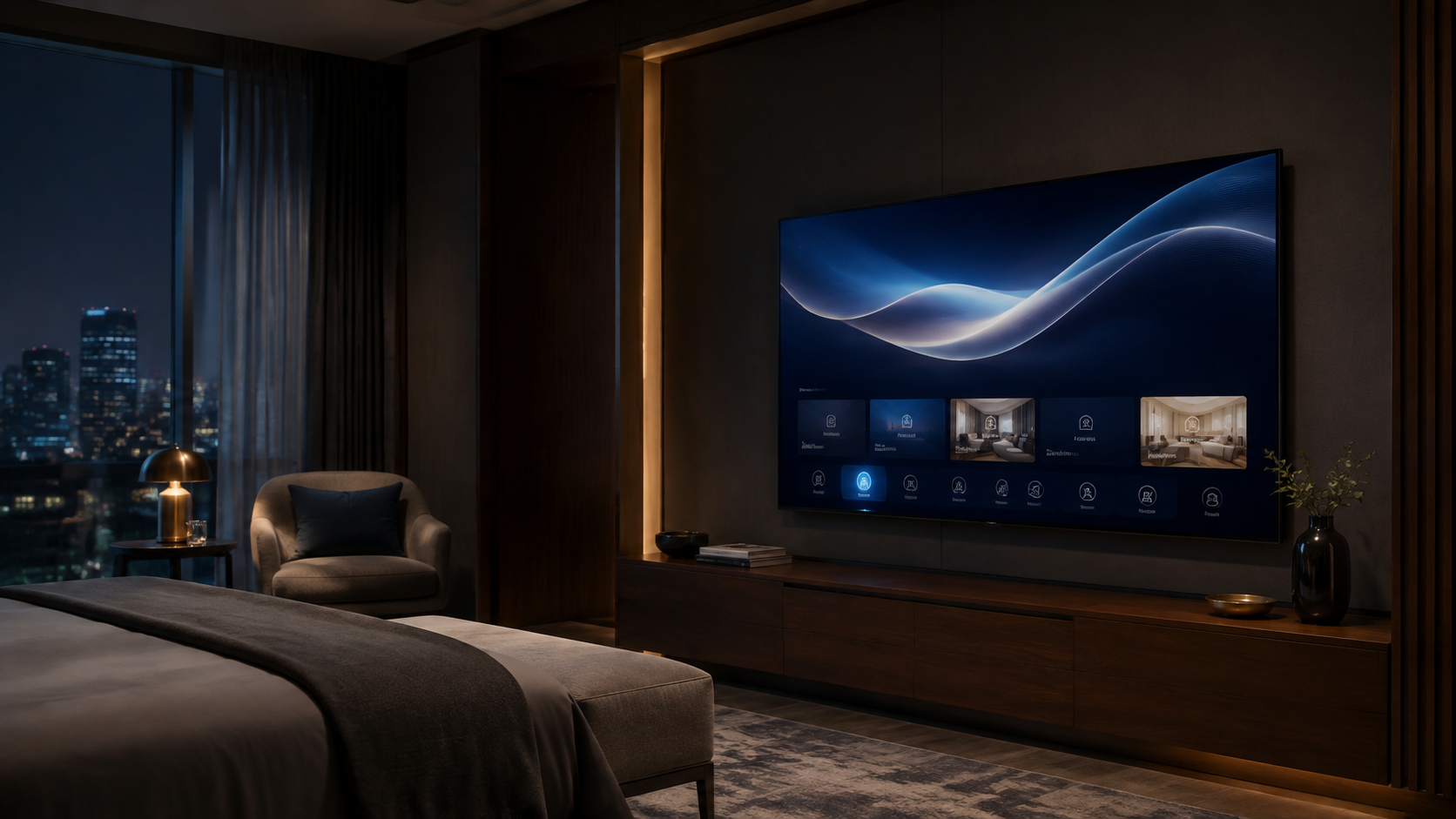 Modern bir otel odasında Zengin Dijital Hospitality deneyimini gösteren televizyon
